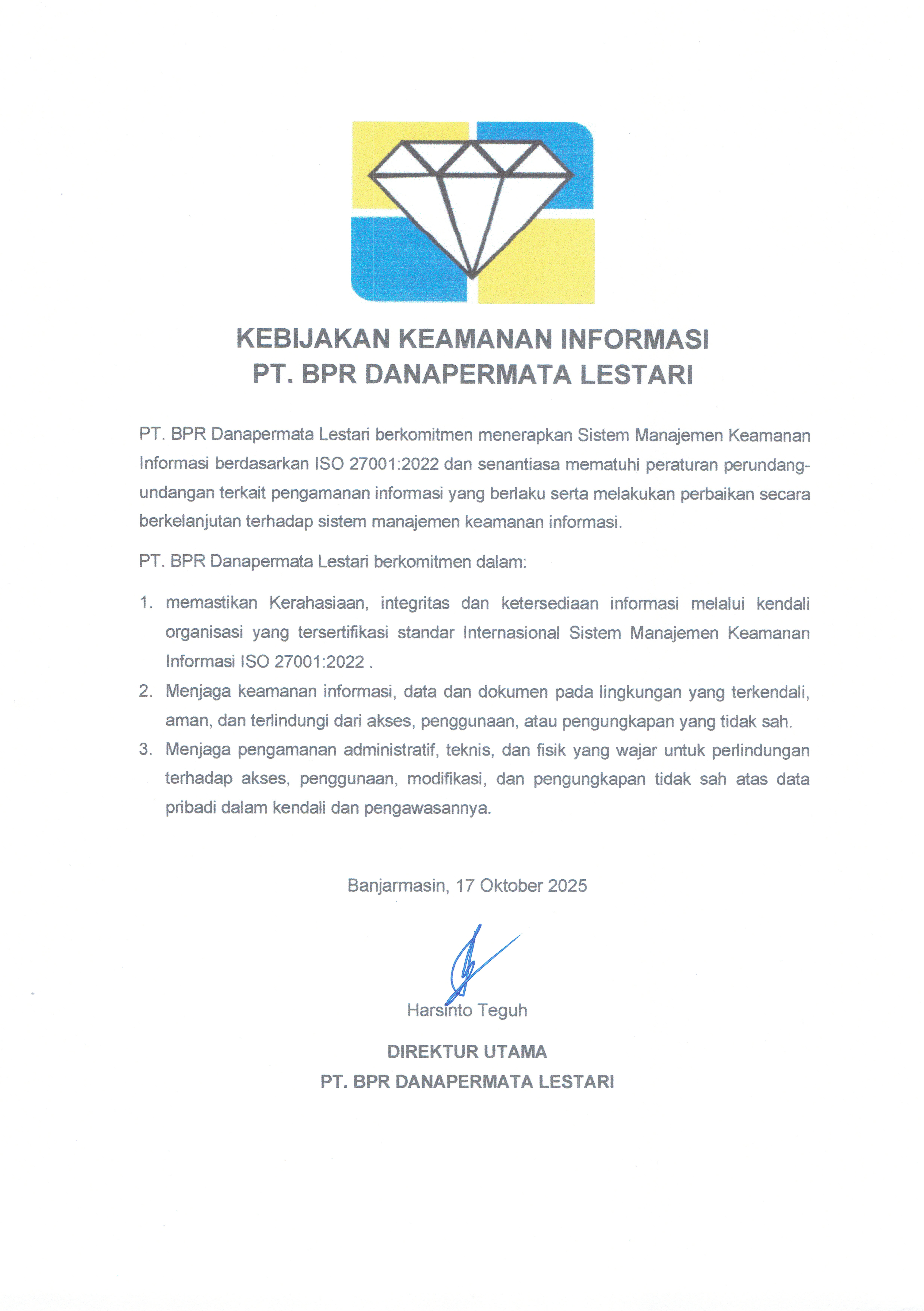 Kebijakan Keamanan Informasi PT BPR Danapermata Lestari
